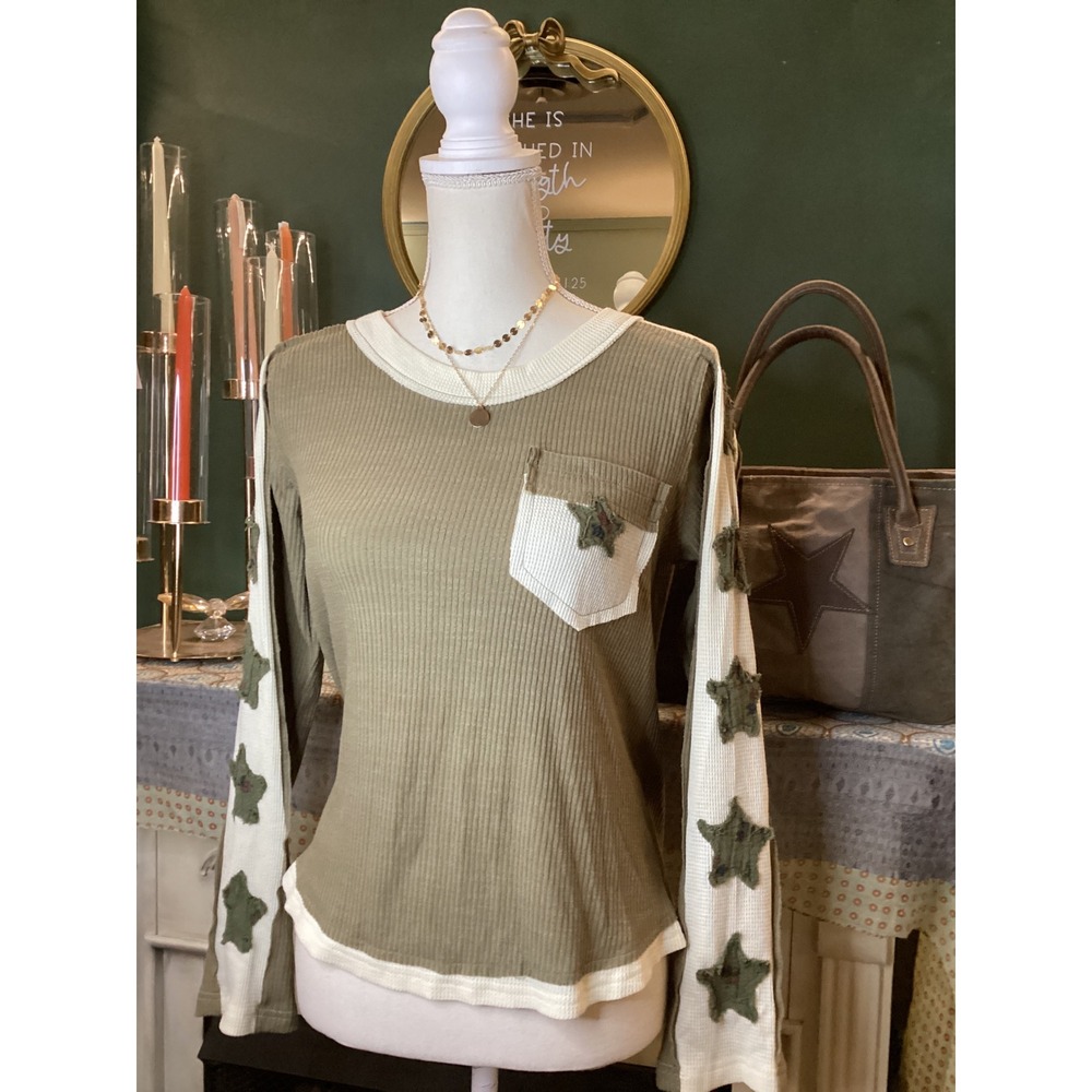 POL Olive Green Star Patch Waffle Ribbed Knit Long Sleeve Top UKT602‎ Small